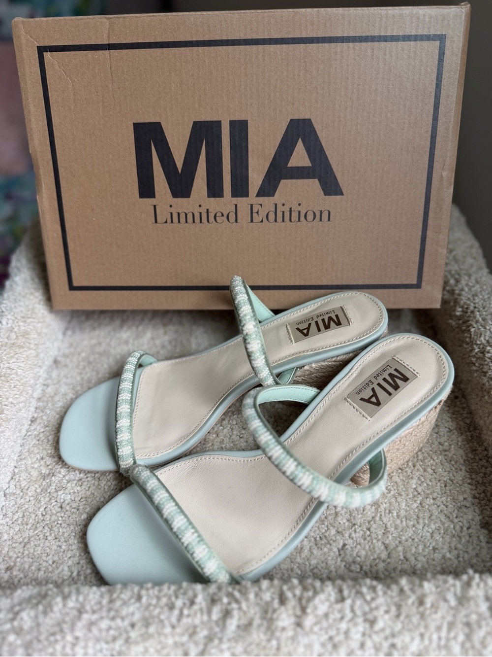 NEW IN BOX MIA Isabeli Beaded Wedge Sandals